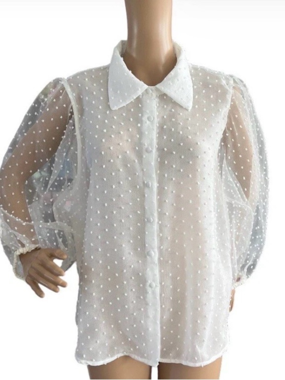 Andrew Marc New York sheer white Swiss Dot Button-Front Blouse